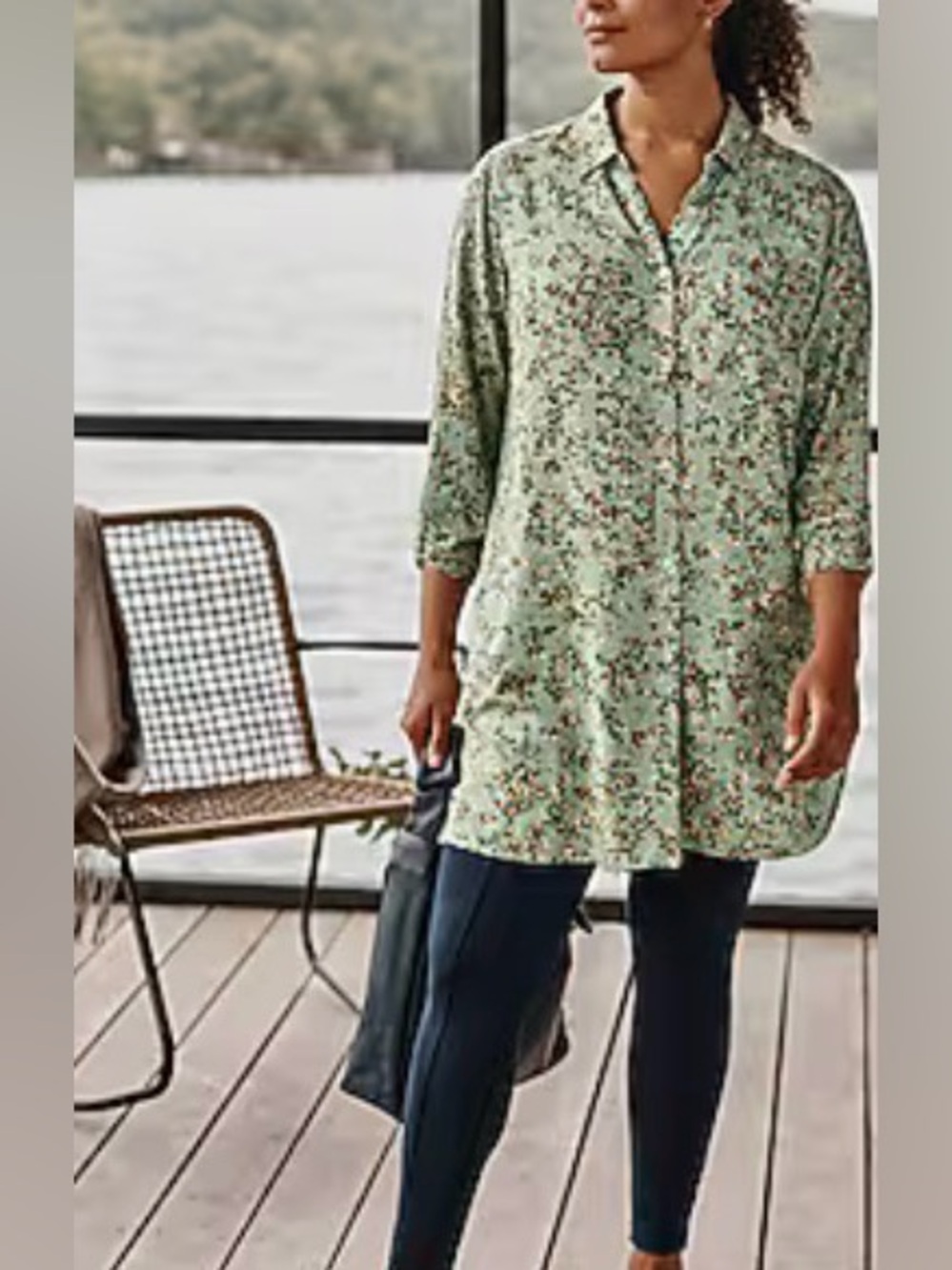 J. Jill Green Floral Button-Front Tunic Shirt — SIZE XL
